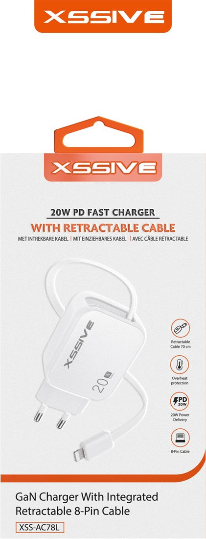 Xssive 20W PD GAN Fast Charger with Retractable 8-Pin Cable XSS-AC78L