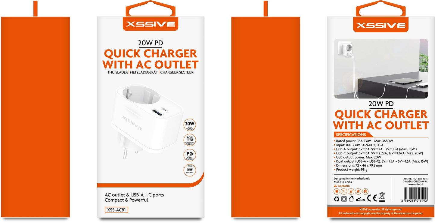 Xssive 20W PD Quick Charger with AC Outlet XSS-AC81