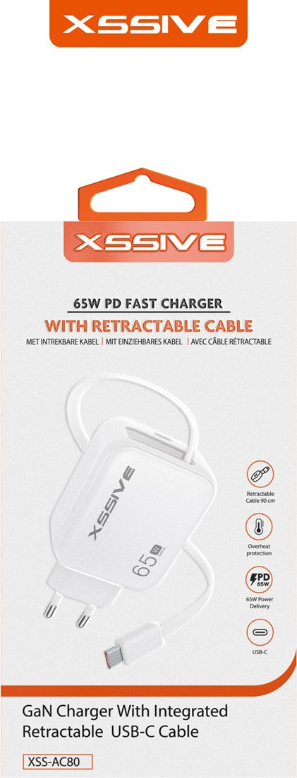 Xssive 65W PD Fast Charger with Retractable USB-Cable- XSS-AC80