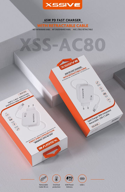 Xssive 65W PD Fast Charger with Retractable USB-Cable- XSS-AC80