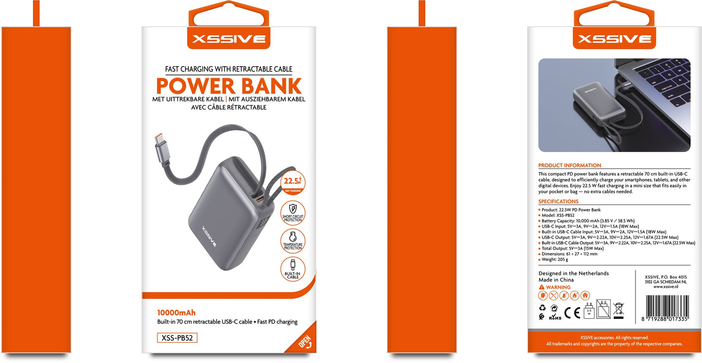 Xssive Powerbank Fast Charge with Retractable Cable 10000mAh XSS-PB52 - Black