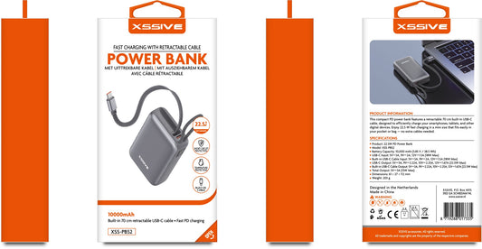 Xssive Powerbank Fast Charge with Retractable Cable 10000mAh XSS-PB52 - Black