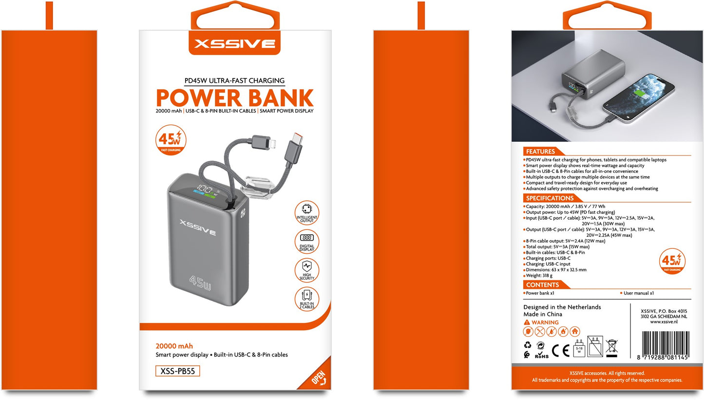 Xssive Powerbank Ultra Fast Charge PD45W with Cable 20000mAh XSS-PB55