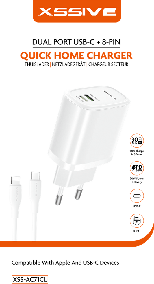 Xssive Quick Dual Port Charger+Cable Type-C to iPhone XSS-AC71CL - White