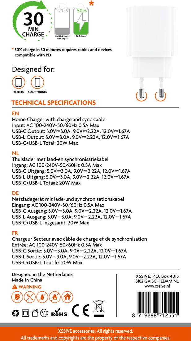 Xssive Quick Dual Port Charger+Cable Type-C to iPhone XSS-AC71CL - White