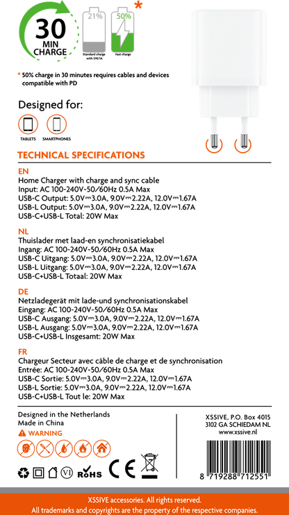 Xssive Quick Dual Port Charger+Cable Type-C to iPhone XSS-AC71CL - White